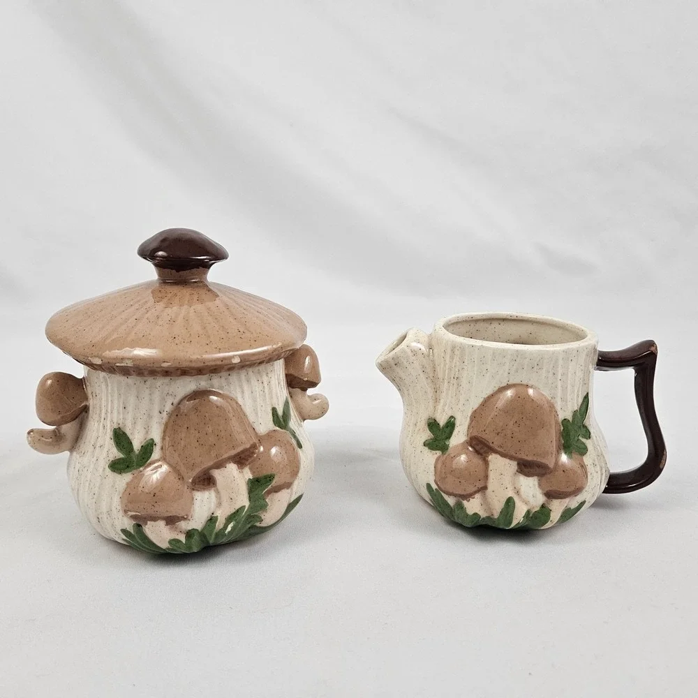 Arnel's Sugar & Creamer Set 3D Mushroom Ceramic 1970's Vintage MCM Kitschy Retro